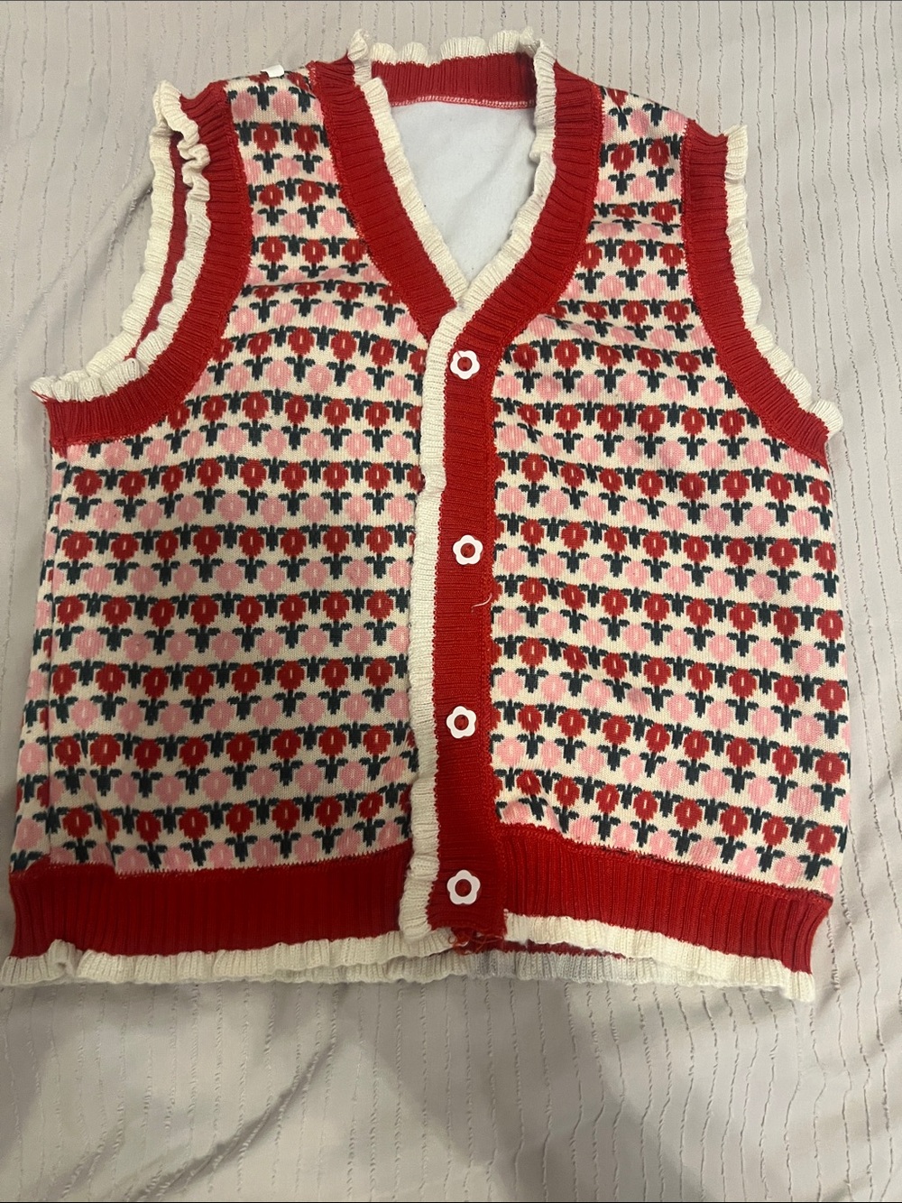 Red Floral Knit Vest Sweater - Women's